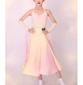 Girls kids pink yellow ballroom latin dance dresses competition regulation contest stage performance costumes for children